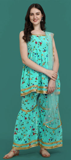 Blue color Salwar Kameez in Faux Georgette fabric with Embroidered, Floral, Printed work