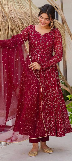 Red and Maroon color Salwar Kameez in Faux Georgette fabric with Embroidered, Sequence work