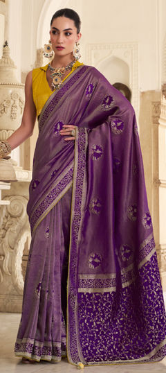 Purple and Violet color Saree in Satin Silk, Tissue fabric with Weaving work