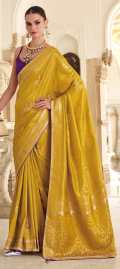 Yellow color Saree in Satin Silk, Tissue fabric with Weaving work