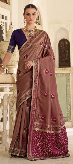 Red and Maroon color Saree in Satin Silk, Tissue fabric with Weaving work