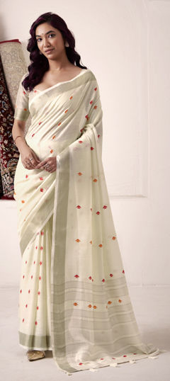 Beige and Brown color Saree in Linen fabric with Thread, Weaving work