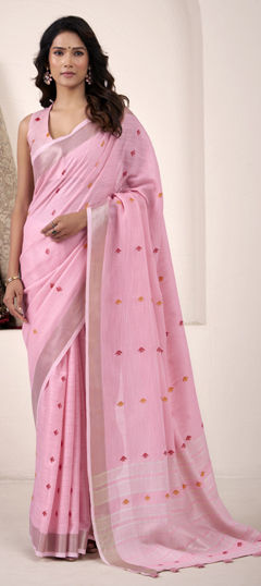 Pink and Majenta color Saree in Linen fabric with Thread, Weaving work