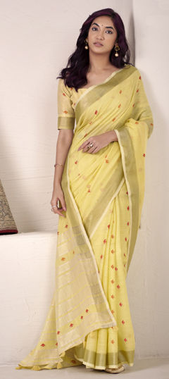 Yellow color Saree in Linen fabric with Thread, Weaving work