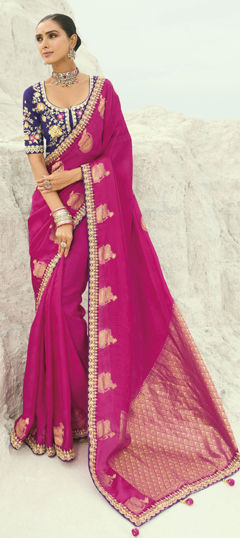 Pink and Majenta color Saree in Organza Silk fabric with Cut Dana, Mirror, Thread, Zari work