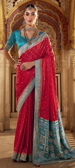 Red and Maroon color Saree in Satin Silk fabric with Weaving work