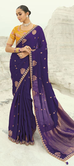 Purple and Violet color Saree in Organza Silk fabric with Cut Dana, Mirror, Moti, Thread, Zari work