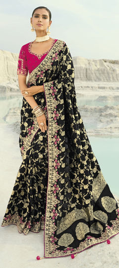 Black and Grey color Saree in Viscose fabric with Cut Dana, Mirror, Moti, Thread, Zari work