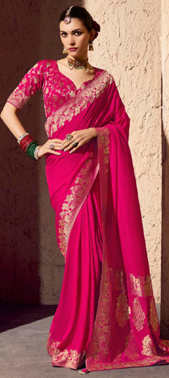 Pink and Majenta color Saree in Silk fabric with Weaving work