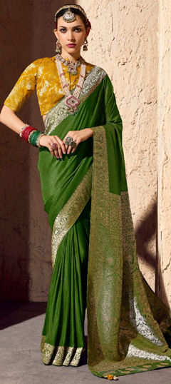 Green color Saree in Silk fabric with Weaving work