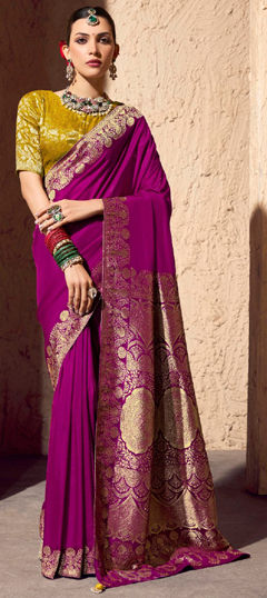 Pink and Majenta color Saree in Silk fabric with Weaving work