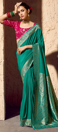 Green color Saree in Silk fabric with Weaving work