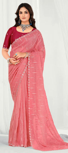 Pink and Majenta color Saree in Tissue fabric with Embroidered, Sequence, Thread work