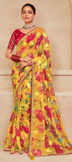 Yellow color Saree in Georgette fabric with Floral, Lace, Printed work