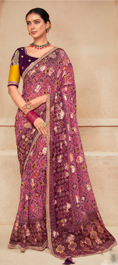 Pink and Majenta color Saree in Georgette fabric with Lace, Printed work