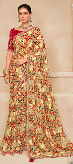 Beige and Brown color Saree in Georgette fabric with Lace, Printed work