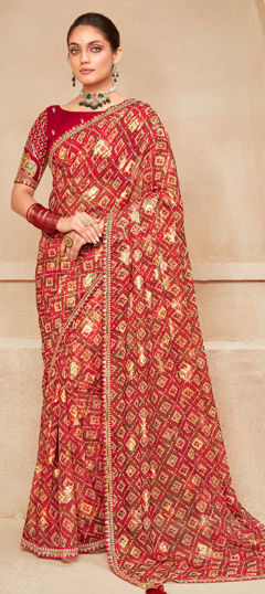 Red and Maroon color Saree in Georgette fabric with Lace, Printed work