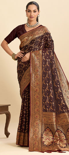 Beige and Brown color Saree in Silk fabric with Weaving work