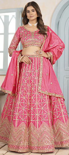 Pink and Majenta color Lehenga in Net fabric with Embroidered, Sequence, Thread, Zari work