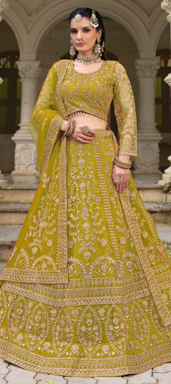 Yellow color Lehenga in Net fabric with Embroidered, Sequence, Thread work