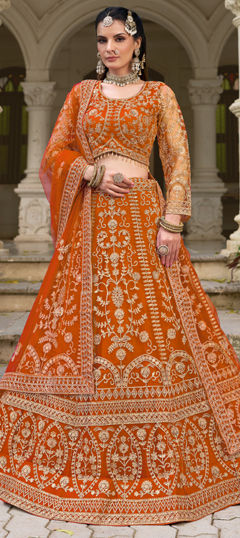 Beige and Brown color Lehenga in Net fabric with Embroidered, Sequence, Thread work