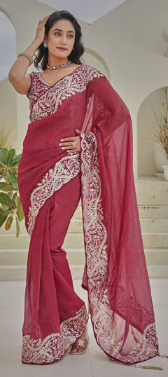 Pink and Majenta color Saree in Crushed Silk fabric with Embroidered, Sequence, Thread work