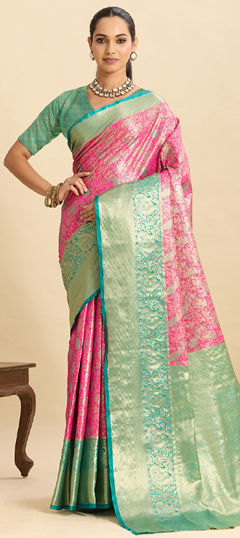 Pink and Majenta color Saree in Kanjeevaram Silk fabric with Weaving, Zari work