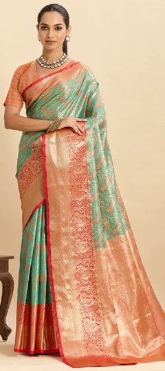 Green color Saree in Kanjeevaram Silk fabric with Weaving, Zari work