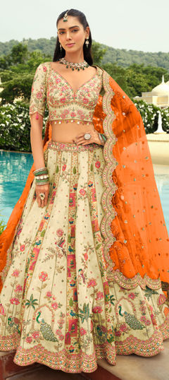 White and Off White color Ready to Wear Lehenga in Silk fabric with Embroidered, Lace, Mirror, Resham, Weaving, Zari work