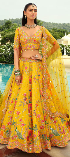 Yellow color Ready to Wear Lehenga in Silk fabric with Embroidered, Lace, Mirror, Resham, Weaving, Zari work