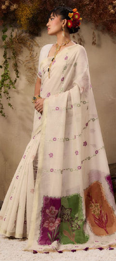 White and Off White color Saree in Cotton fabric with Weaving work