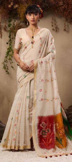 White and Off White color Saree in Cotton fabric with Weaving work