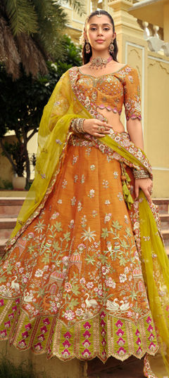 Orange color Ready to Wear Lehenga in Silk fabric with Embroidered, Lace, Mirror, Resham, Weaving, Zari work