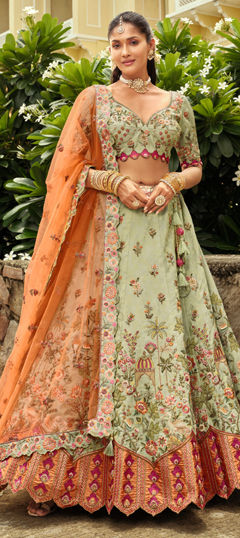 Green color Ready to Wear Lehenga in Silk fabric with Embroidered, Lace, Mirror, Resham, Weaving, Zari work