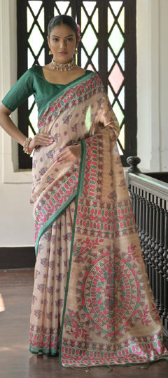 Beige and Brown color Saree in Tussar Silk fabric with Printed work