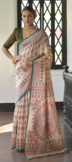 Beige and Brown color Saree in Tussar Silk fabric with Printed work