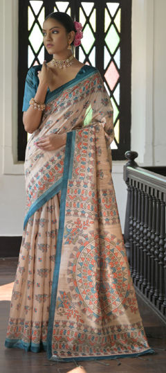 Beige and Brown color Saree in Tussar Silk fabric with Printed work