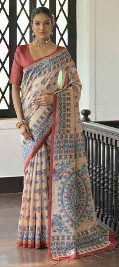Beige and Brown color Saree in Tussar Silk fabric with Printed work