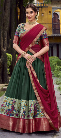 Green color Ready to Wear Lehenga in Silk fabric with Printed, Weaving, Zari work