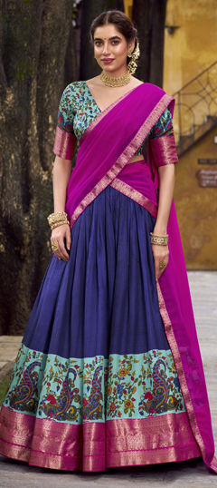Blue color Ready to Wear Lehenga in Silk fabric with Printed, Weaving, Zari work