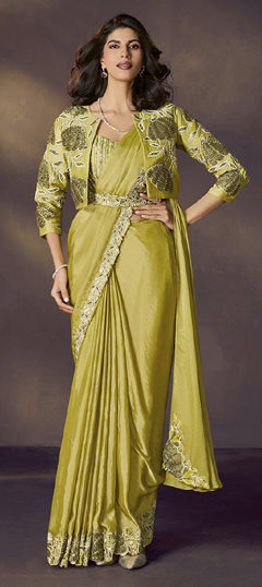 Green color Readymade Saree in Satin Silk fabric with Bugle Beads, Moti, Sequence work