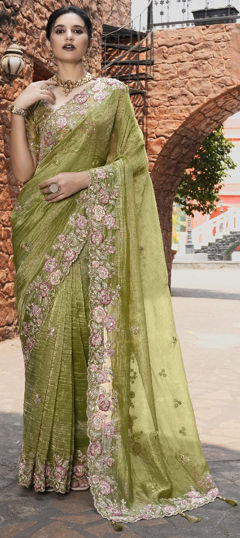 Green color Saree in Organza Silk fabric with Embroidered, Sequence, Zari work