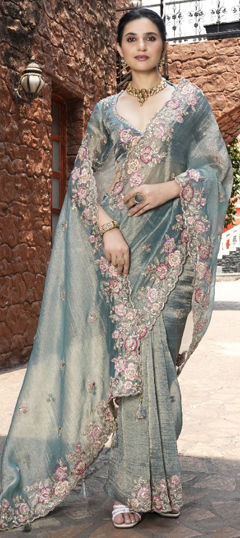 Blue color Saree in Organza Silk fabric with Embroidered, Sequence, Zari work