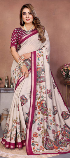Beige and Brown color Saree in Mul Cotton fabric with Printed work
