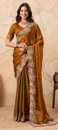 Gold color Saree in Chiffon fabric with Embroidered, Sequence, Thread work