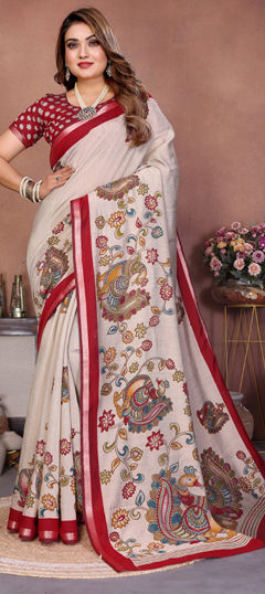 Beige and Brown color Saree in Mul Cotton fabric with Printed work