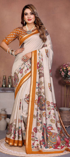 Beige and Brown color Saree in Mul Cotton fabric with Printed work
