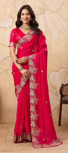 Pink and Majenta color Saree in Chiffon fabric with Embroidered, Sequence, Thread work