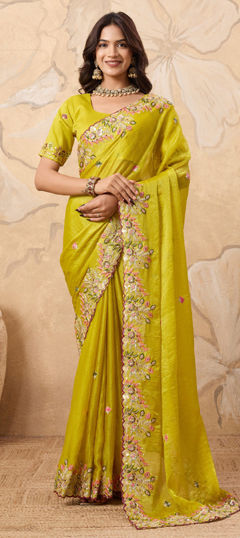 Yellow color Saree in Chiffon fabric with Embroidered, Sequence, Thread work