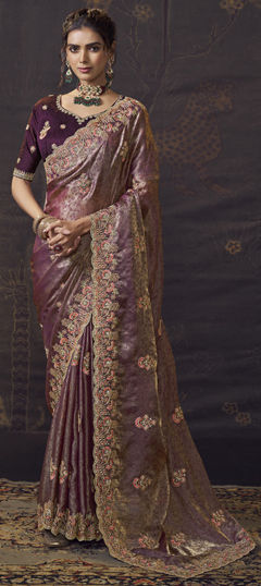 Purple and Violet color Saree in Jacquard fabric with Embroidered, Sequence, Stone, Thread work